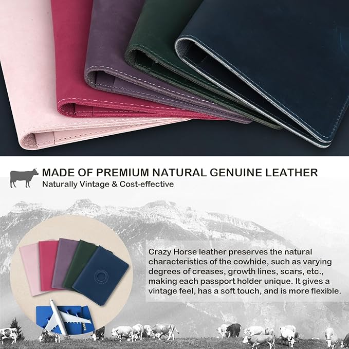 Passport Holder for Men Women Travel, Real Leather Passport Wallet, Handmade Passport Cover Case with Airtag Slot, Travel Must Haves Essentials Accessories Birthday Gifts (Crazy Horse, Blue)