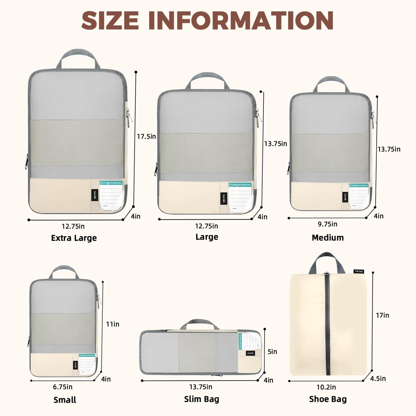 BAGAIL 6 Set/4 Set Lightweight Compression Packing Cubes for Travel, Anti-Tearing Expandable Organizer Bags for Suitcase(6 Set, Beige)