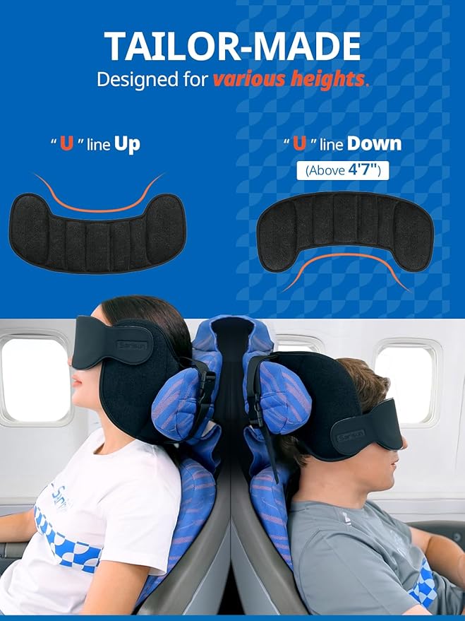 Travel Pillow, Upgrade Airplane Pillow for Long Flight, 360° Support Headrest, Travel Neck Pillow Eye Masks for Sleep, Compact Airplane Travel Essentials, Stop Bobblehead, Mottled Blue