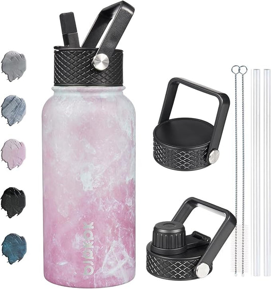 BJPKPK Insulated Water Bottles with Straw Lid, 27oz Stainless Steel Water Bottle with 3 Lids, Leak Proof BPA Free Metal Thermo, Mugs, Tumblers, Keep Cold Hot - Blossom