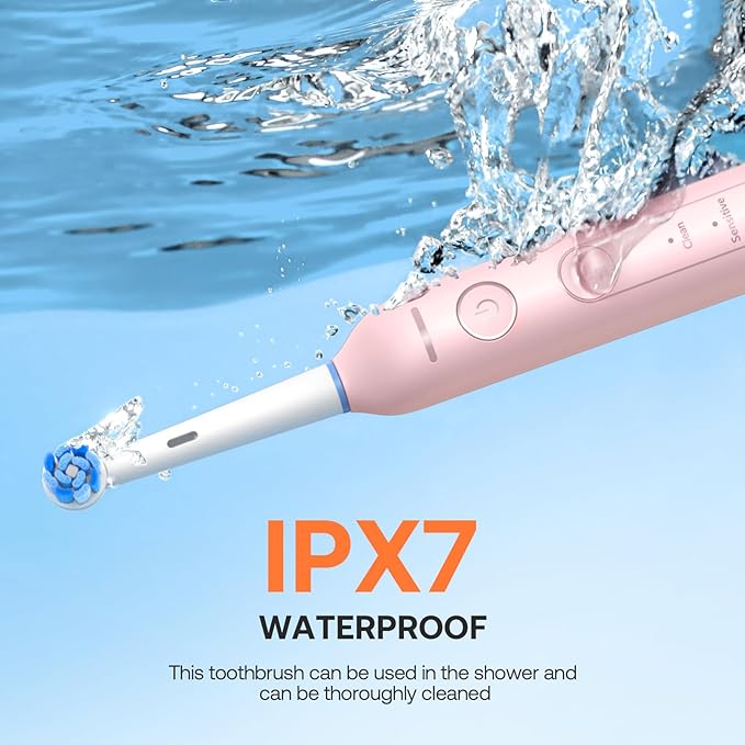 Bitvae Rotating Electric Toothbrush 2 Packs for Adults with Pressure Sensor, Gifts for Men/Women, 5 Modes Rechargeable Power Toothbrush with 8 Brush Heads, Black & Pink, R2