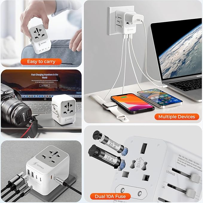 6 in 1 Universal Travel Adapter-10A | International Power Adapter with 3 USB C, 2 USB A Ports | 2500W Fast Portable Charger | Travel Adapter Worldwide Covering 200+ Countries- White