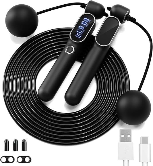 2 in 1 Smart Jump Rope with Digital Counter - Adjustable Cordless Skipping Rope for Weight Loss, Home Workout & Boxing Training 3 Modes (Speed/Calorie/Time) Gift for Women Men Kids (Black)
