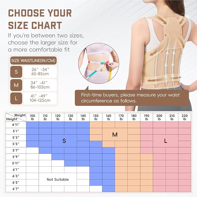 Back Brace Posture Corrector for Women & Men, Adjustable Shoulder Straightener with Full Back Support, Relief for Lower & Upper Back Pain, Hunchback & Scoliosis (Beige, Medium)