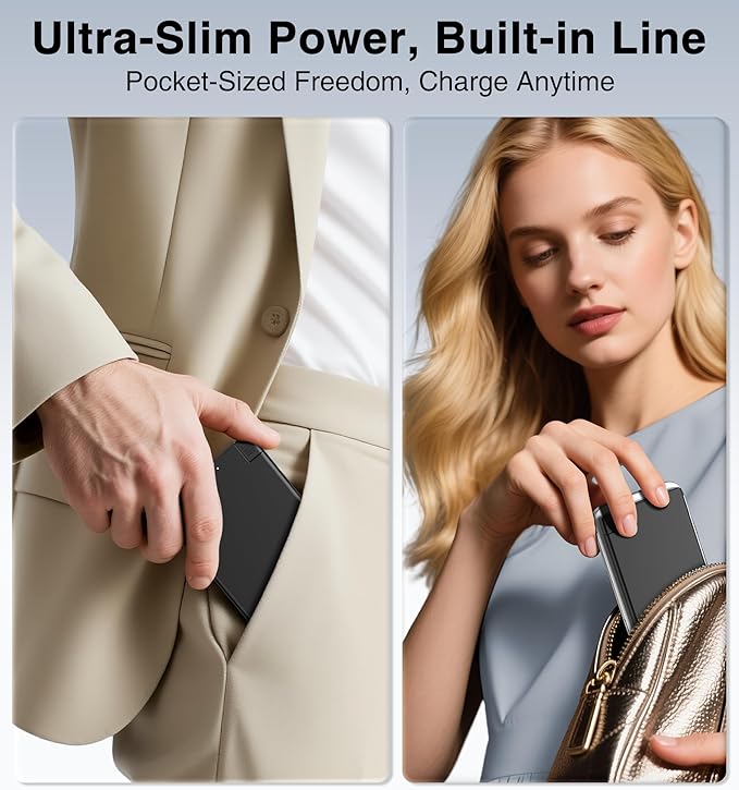 Auskang Portable Charger for iPhone 14/13/12/11/X/8/7 Series- 5000mAh Lightning Connector Slim Power Bank Built in Cable-Thin Battery Pack Travel for Outdoor Travel (Not for iPhone 15 16 Device)