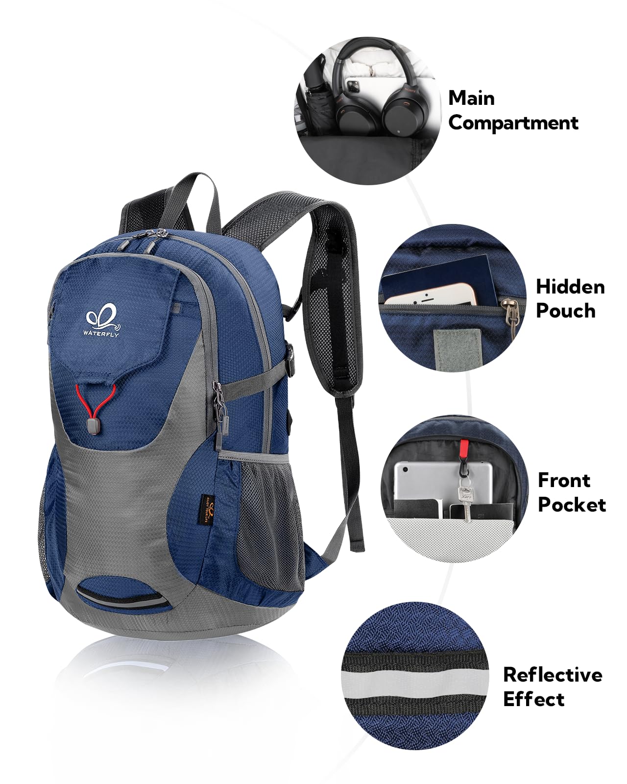 WATERFLY Lightweight Packable Hiking Backpack: 30L Foldable Travel Daypack Ultralight Camping Day Pack for Woman Man