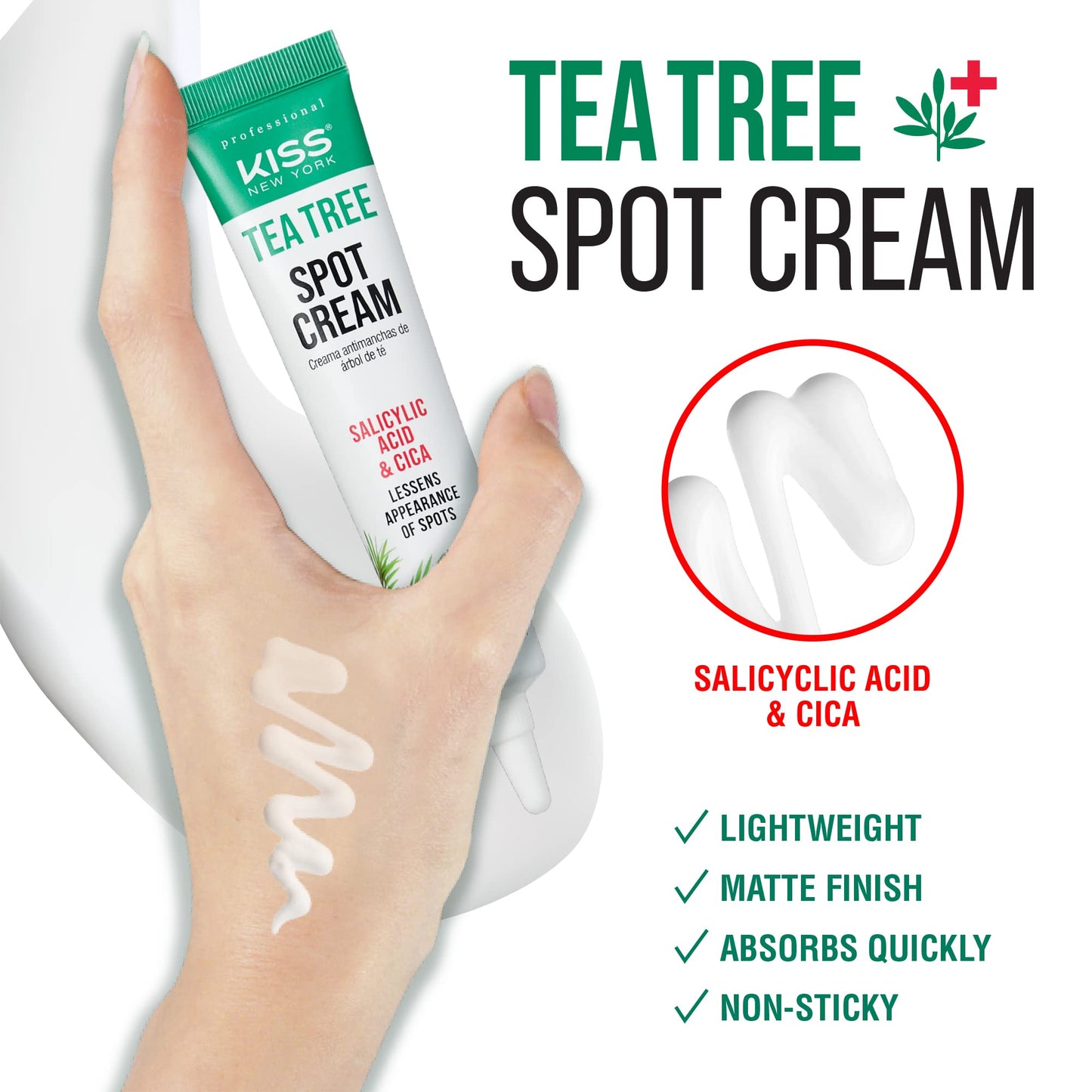 Kiss New York Spot Treatment Cream With Cica, Salicylic Acid & Tea Tree, Korean Skincare for Acne, Lightweight Face Spot Treatment for Blemishes, Reduces Appearance of Redness & Spots (0.94 Fl Oz)