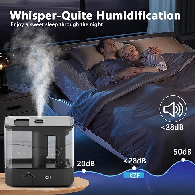 KZF 2.3L Top-Fill Cool Mist Humidifier – Whisper-Quiet, Up to 30 Hrs Runtime, Auto Shut-Off, Ideal for Bedroom, Baby Nursery & Plants