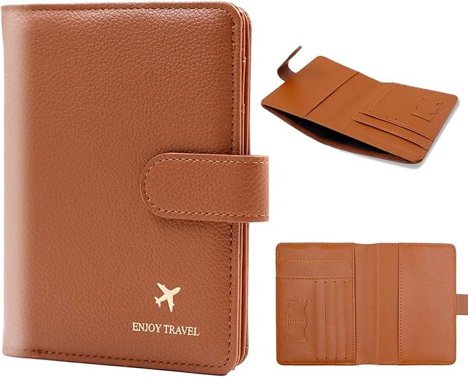Cnycmy Passport Holder with RFID Blocking, Cash Pocket & Back Zipper Coin Pocket - Travel Document Holder, Magnetic Button, Multiple Card Slots - Soft PU Leather for Men and Women (BROWN)