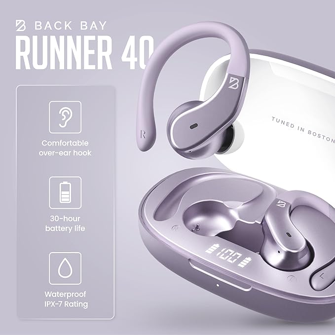 Back Bay Audio - Runner's Wireless Earbuds Bluetooth Headphones for Sports, Hook Over The Ear Buds, Deep Bass, Wrap Around Earphones with Earhooks for Running, Workout Wireless Headphones for The Gym