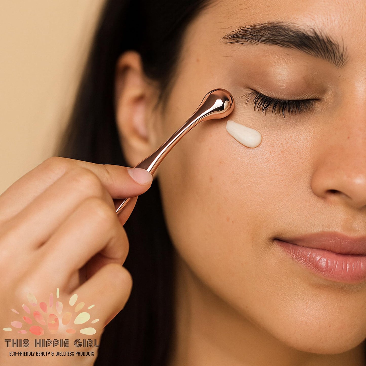 Rose Gold Eye Cream Applicator Tool for Puffy Eyes, Dark Circles, Eye Bags, Fine Lines | Under Eye Cream Massager Stick | Cooling Metal Eye Wand | Premium Zinc Alloy Skincare Tool for Eyes