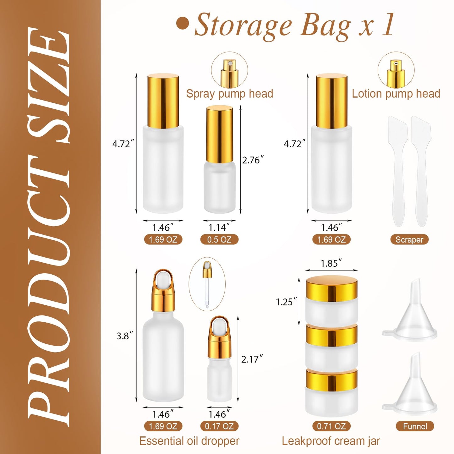 Jingmore 13 Pcs Glass Skincare Travel Containers Mini Makeup Containers Travel Size Toiletries Bottles with Pump Spray and PU Leather Toiletry Bag for Liquid Serum Cream Moisturizers Oils(Gold)