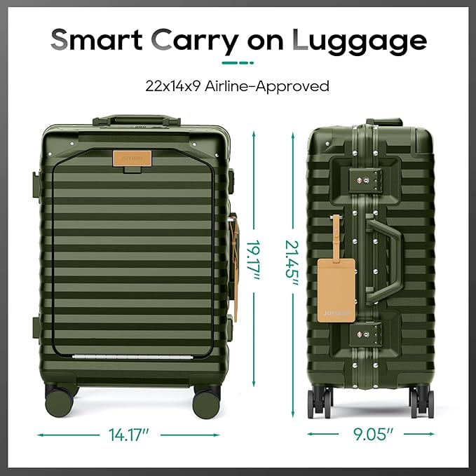 Joyway 20 Inch Carry on Luggage with Aluminium Frame and Front Pocket, PC Hardshell Suitcase with USB Port and Cup Holder, 21.5x14.2x9 Airline Approved Luggage with Spinner Wheel, TSA Lock(Dark Green)