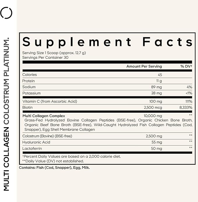 Codeage Multi Collagen Colostrum Powder Platinum - Hydrolyzed Grass-Fed Bovine Collagen Peptides, Grass-Fed Bovine Colostrum Supplement, Vitamin C, Biotin, Hyaluronic Acid, Lactoferrin - 13.4 Oz.