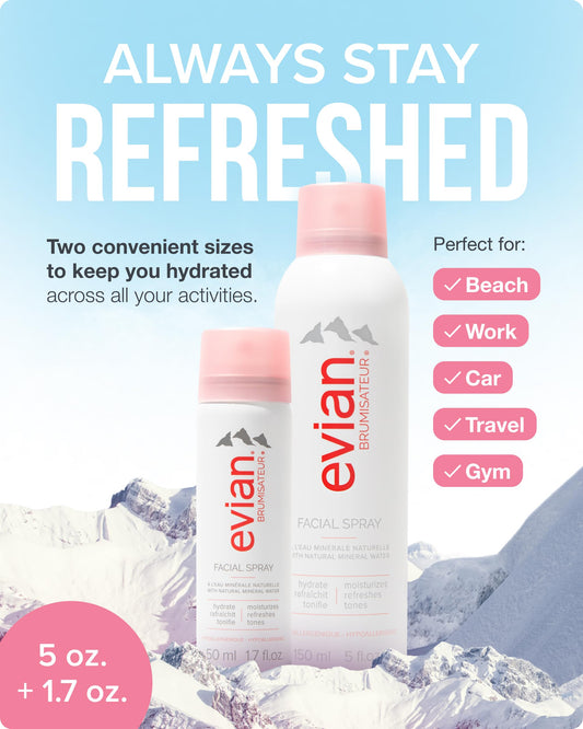 Evian Facial Spray Weekender Kit - Hydrating Mineral Water Mist for Face & Skin - Refreshes Makeup, Sets, & Tones - Travel-Friendly Size for Weekend Hydration and Skincare Essentials