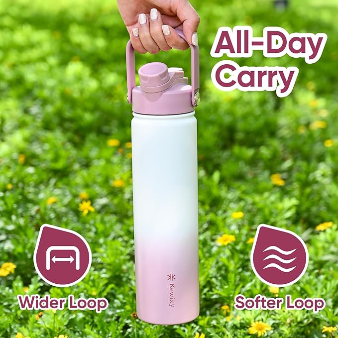 24 oz Insulated Water Bottle, 2-in-1 Lid, Straw & Spout with Protected, Leak Proof, Keep Cold, Stainless Steel, Metal, Reusable, Handle, for Travel, Gym and School, 2 Lids, Iced Plum