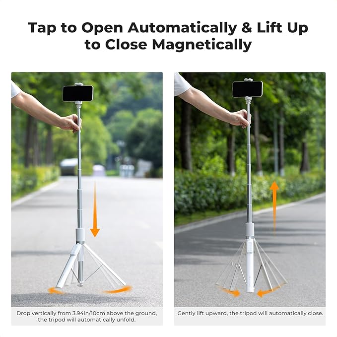 K&F Concept Selfie Stick for iPhone, Auto Open & Close Phone Tripod Stand, 360° Rotatable Selfie Stick with 9 Button Bluetooth Remote, Extendable Automatic Tripod for Cell Phone(White)