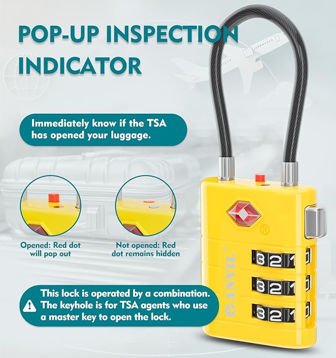 ANVIL TSA Approved Luggage Locks – High Security TSA008 Combination Travel Locks with Inspection Indicator for Suitcases and Backpacks. (4, Yellow)