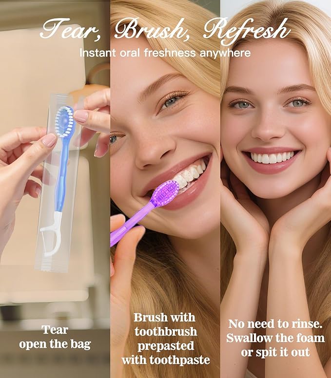 12 Pack 5 in 1 Disposable Mini Toothbrushes with Toothpaste, Floss, Pick & Tongue Scraper, Individually Wrapped, Portable Toothbrush Travel Set for Kids Adults, Mixed Flavor