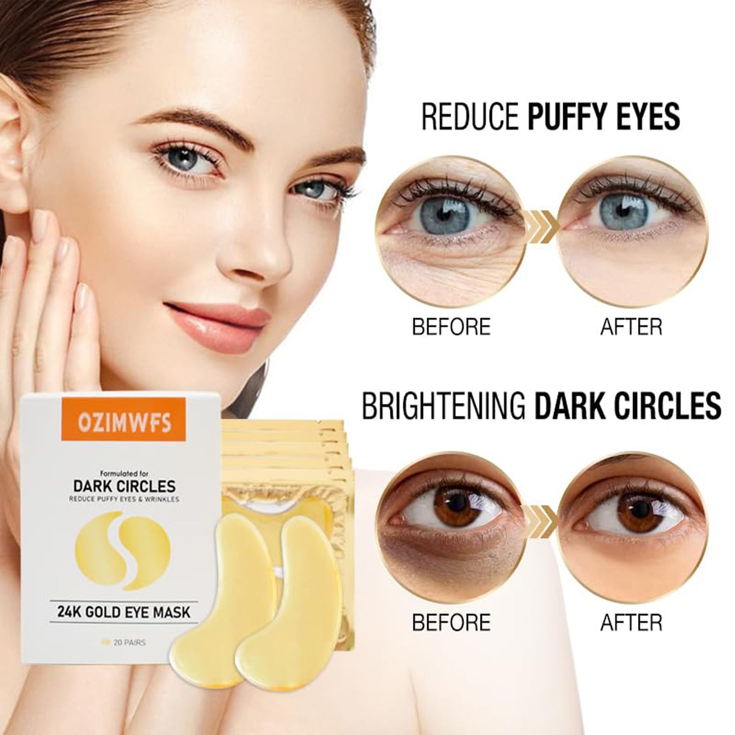 OZIMWFS Organic 24K Gold Eye Mask with Collagen. Treatments reduce Puffy Eyes and Dark Circles Reduce Wrinkles and Fine lines