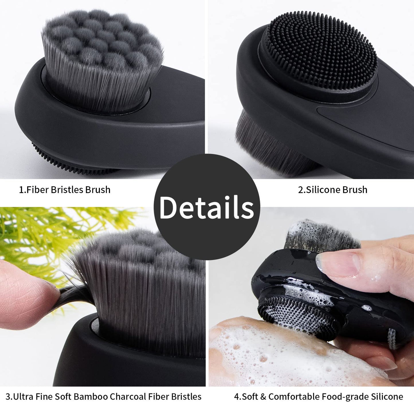 Beomeen 2 Pack Facial Cleansing Brush 2 in 1 for Face Exfoliation, Soft Bamboo Charcoal Microfiber Bristle Dual Face Silicone Scrubber Brush for Pore Deep Cleansing Skincare with Lid, Black+Gradient