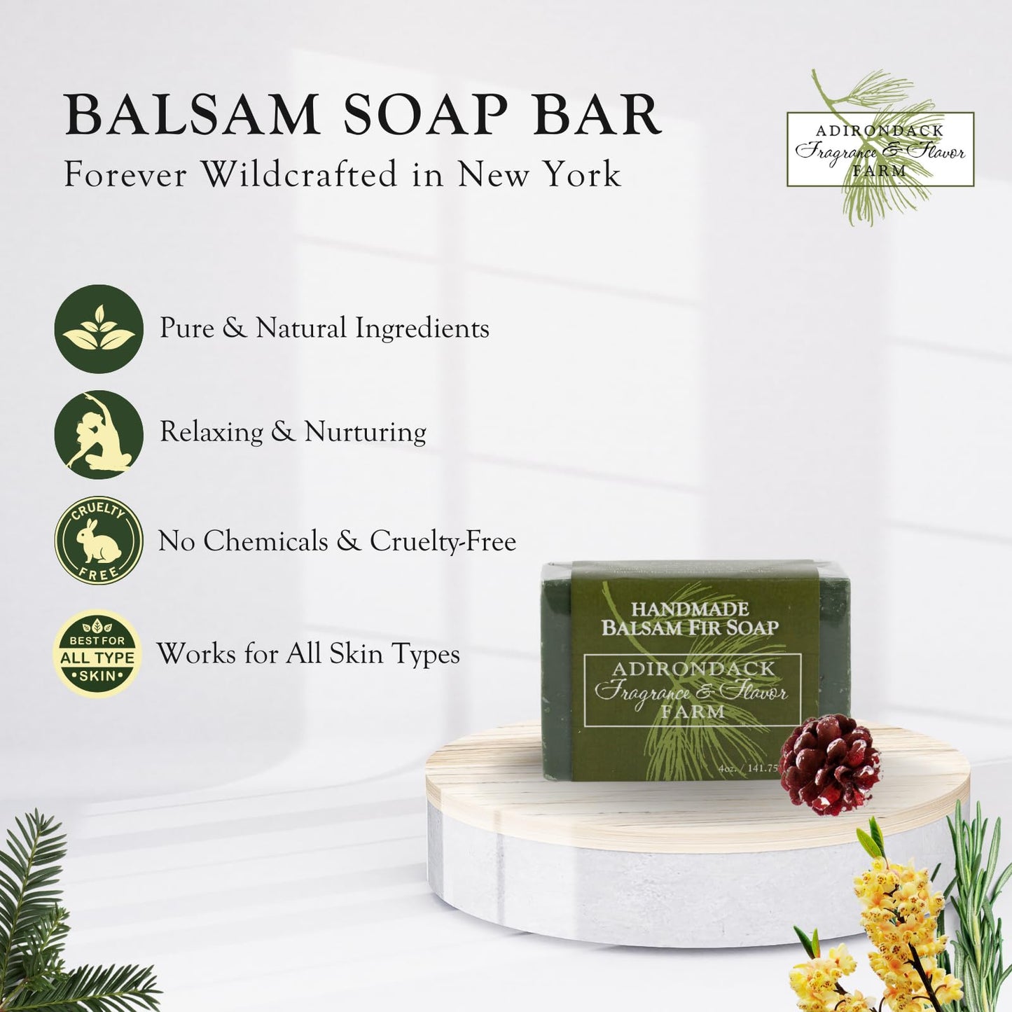 Adirondack Fragrance & Flavor Farm ADK Natural Balsam Soap Bar 4 oz., Handmade Vegan Olive Oil Body Soap for Dry and Sensitive Skin, Moisturising for Men, Women & Babies, Produced in the USA