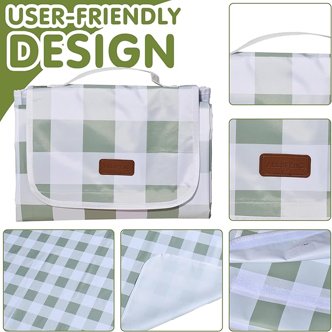80"x80" Extra Large Waterproof Outdoor Mat - Sandproof Foldable Picnic Blanket for Family Camping, Backyard, Beach Parties - Heavy Duty & Easy Storage (Green&White)