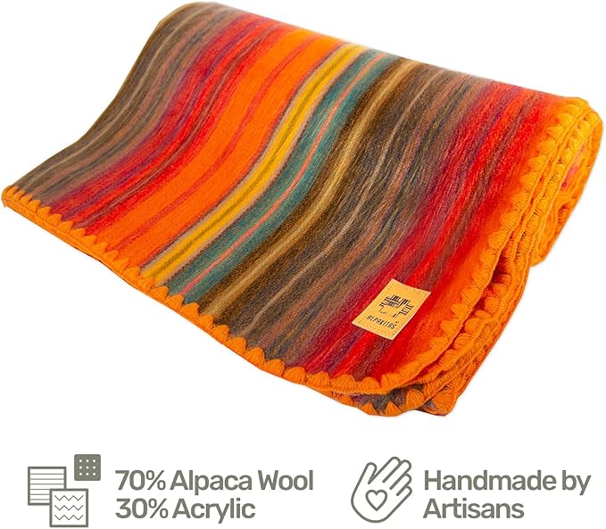 Alpaca Wool Blanket - Queen Size Bed Throw & Warm, Lightweight, Couch or Camp - Outdoor - 87 x 64 Inches (Orange)