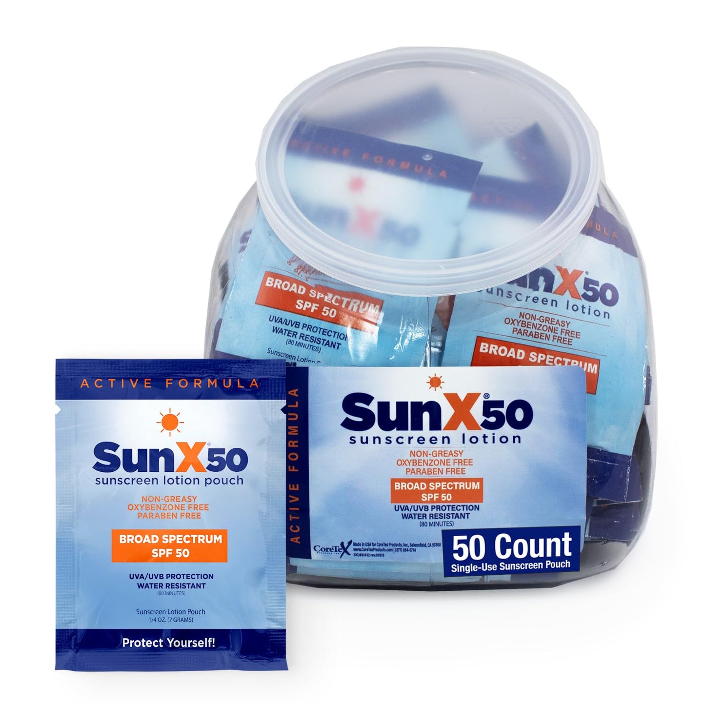 CoreTex Sun X 50 SPF Broad Spectrum Sunscreen Packets - Fishbowl Pack of 50 Paraben, Oxybenzone, Octinoxate, & Oil Free Sunscreen - No White Cast and Water & Sweat Resistant Up to 80 Minutes