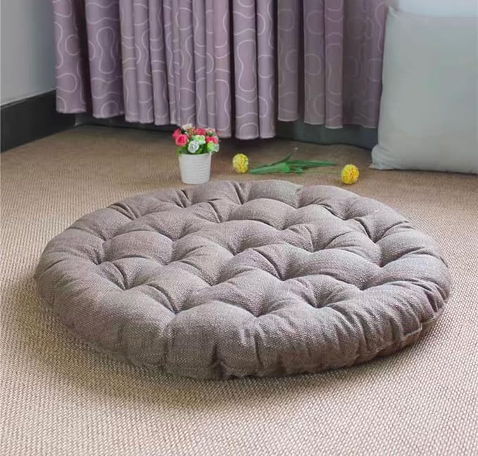 Large Linen Floor Cushions,Round Futon Pillows Japanese Style Tufted Floor Pillows Meditation Cushions for Seating On Pad for Yoga Sofa Balcony(Size:75x75cm(30x30inch),Color:Khaki)