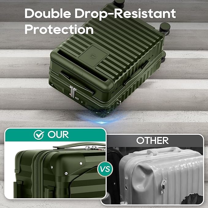 Joyway 20 Inch Carry on Luggage with Front Pocket, PC Hardshell Carry-on Suitcase with USB Port and Cup Holder, 21.5x14.2x9 Airline Approved, Luggage with Spinner Wheels and TSA Lock(Dark Green)