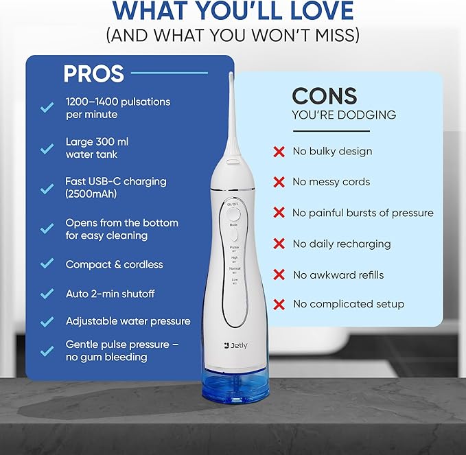 JETLY Water Dental Flosser Teeth Pick Cleaner: Travel Cordless Oral Irrigator 300ML Capacity Portable Rechargeable IPX7 Waterproof Electric Flossing Machine for Teeth Cleaning (White)