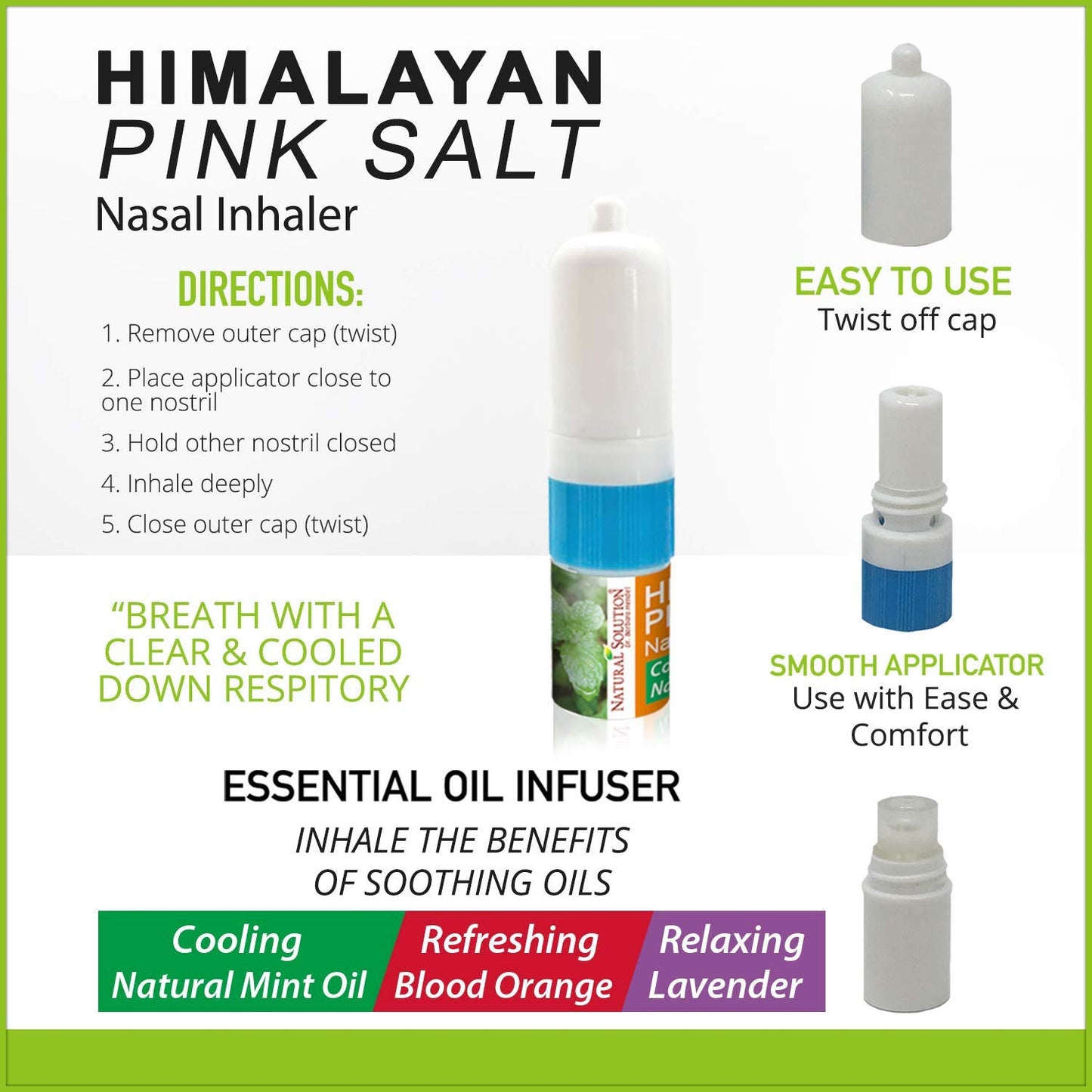 Natural Solution Salt Nasal Inhaler, Aromatherapy with Organic Mint Oil, Congestion, Refreshing and Relaxing Sinus Pressure Relief, 0.068oz | Pack of 3