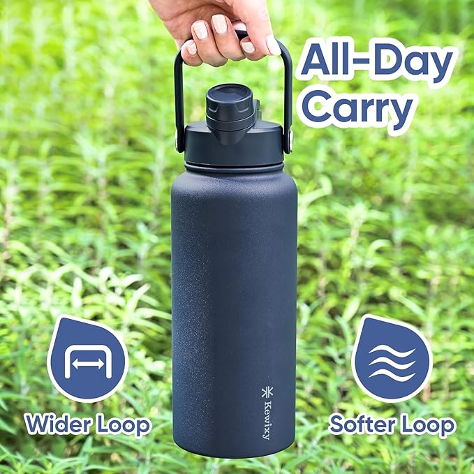 32 oz Insulated Water Bottle, 2-in-1 Lid, Straw & Spout with Protected, Leak Proof, Keep Cold, Stainless Steel, Metal, Reusable, Handle, for Outdoor, Gym and School, 2 Lids, Denim Blue