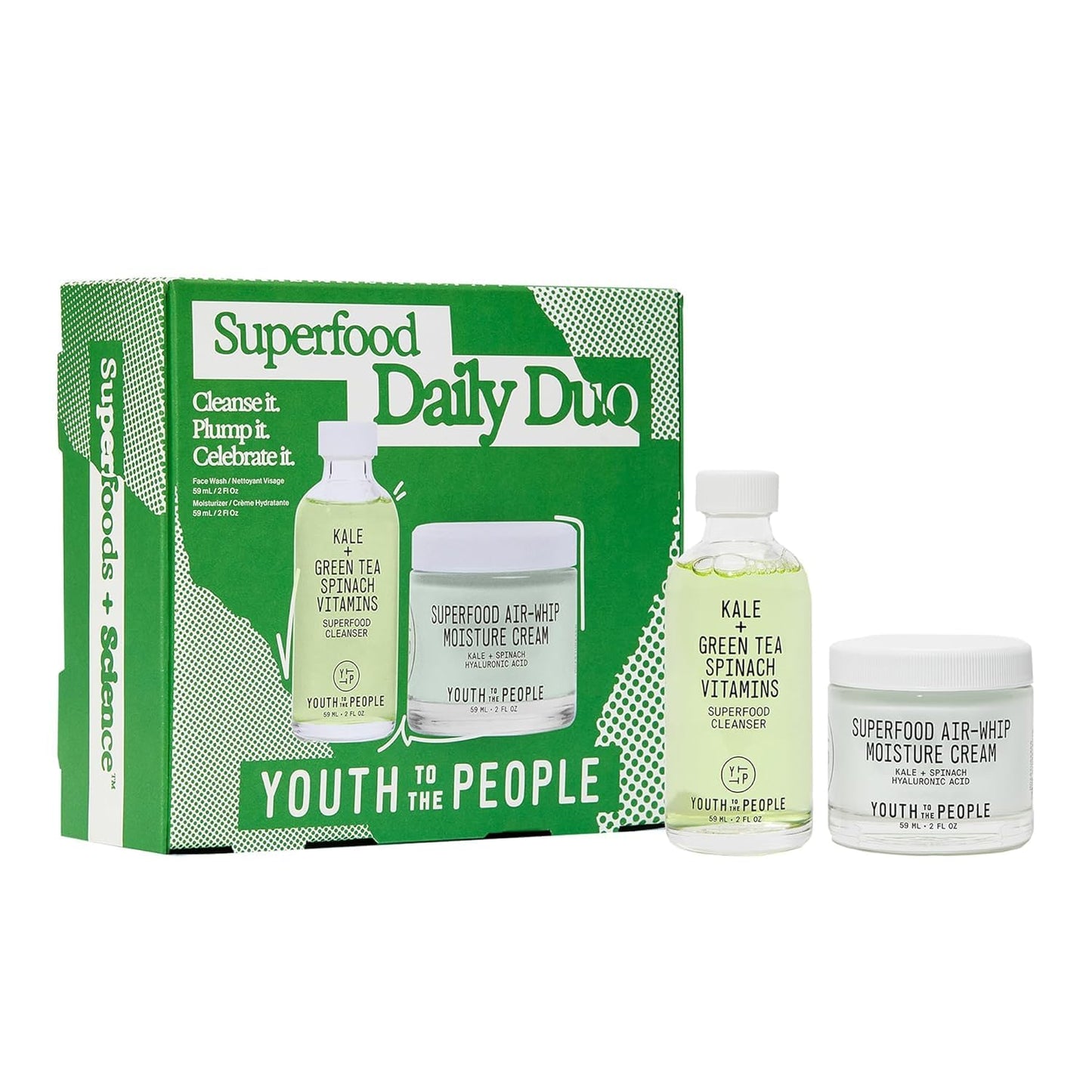 Youth To The People Superfood Daily Duo Kit - Travel Size Superfood Cleanser (2oz) + Air-Whip Moisture Cream (2oz) - Dewy Hydration - Vegan Face Wash + Face Cream Moisturizer Skincare Gift Set
