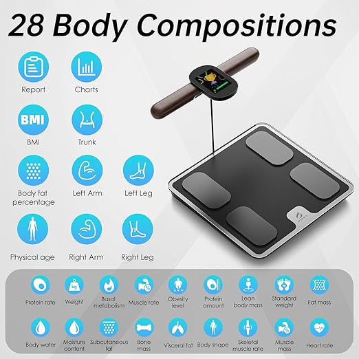 CLORIS Digital Smart Scale for Body Weight Fat BMI Muscle Mass 28 Body Composition Measurement Health Analyzer 8 Electrodes with App Bluetooth, Full-Color TFT LCD