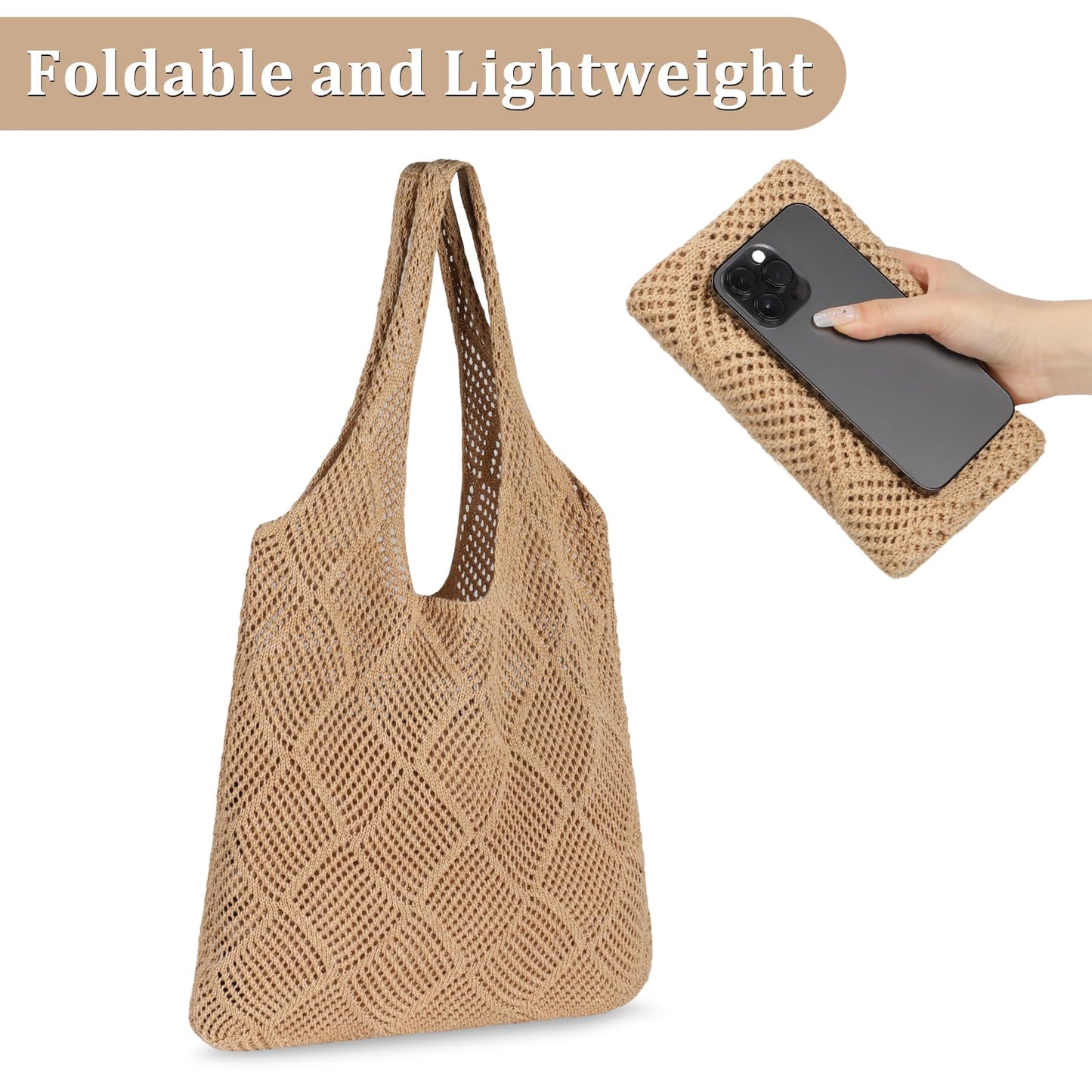 Sightor Crochet Tote Bag, Mesh Beach Bag Knit Summer Hobo Bag Vacation Boho Tote Bag for Women (Brown)