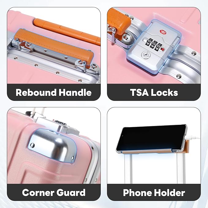 18 Inch Carry On Luggage Suitcase Locks TSA Approved Hardside Lightweight Suitcase with Cup Holder TSA Lock Carry On Luggage with USB Port Phone Holder Suitcases with 360° 8 Double Spinner Wheels