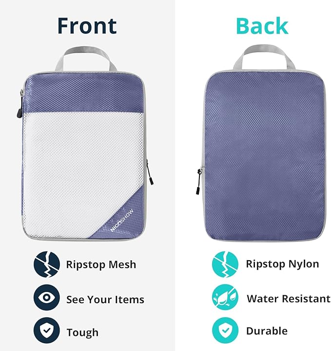 9 Set Compression Packing Cubes for Travel - Compressible, Lightweight, and Space-Saving Packing Cubes, Travel Essentials for Women, Bluish Purple