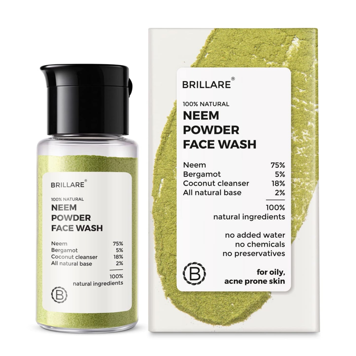 BRILLARE Real Neem Powder Facial Cleanser, Face Wash for Oily Skin, Complete Natural Skincare, for Men & Women, 15g