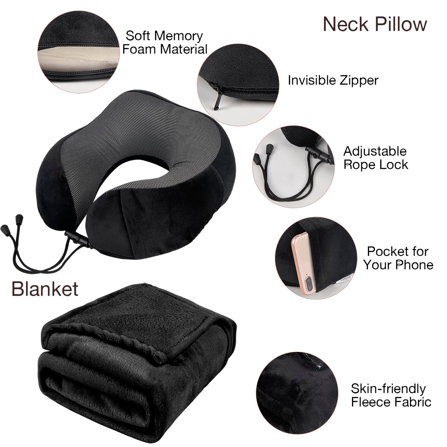 Travel Pillow and Blanket Set & Foot Rest, Memory Foam Neck Pillow Airplane Blanket & Airplane Foot Hammock & Foldable Duffel Bag, Eye Mask & Earplugs, Portable Travel Accessories Essentials, Black