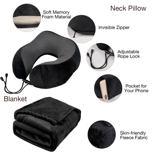 Travel Pillow and Blanket Set & Foot Rest, Memory Foam Neck Pillow Airplane Blanket & Airplane Foot Hammock & Foldable Duffel Bag, Eye Mask & Earplugs, Portable Travel Accessories Essentials, Black