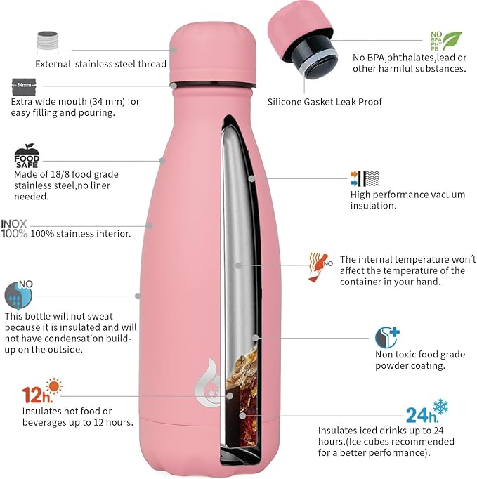 BJPKPK 12oz Insulated Stainless Steel Water Bottles Travel Sports Water Bottles,Light Pink