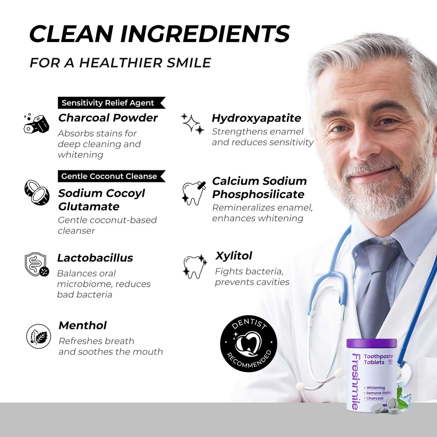 Freshmile Whitening Toothpaste Tablets with Nano-Hydroxyapatite (NHA) for Smokers, Super Cold, Fluoride-Free, Charcoal Powder Whitening, Deep Clean, Enamel Repair, Travel-Friendly Tabs (60 Count)