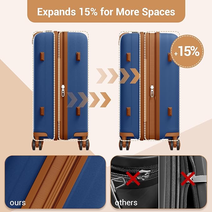 Kono Expandable 24 Inch Hard Shell Travel Luggage, Large capacity for easy travel, Hidden Cup Holder & TSA Lock Lightweight Suitcase - Navy/Brown