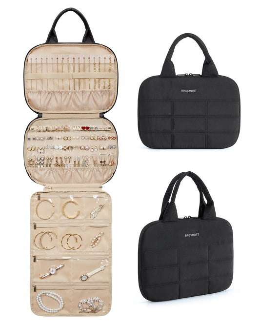 BAGSMART Jewelry Travel Case, Hanging Jewelry Organizer with Zipper Pockets, Large Capacity Puffy Jewelry Roll for Earrings, Necklaces, Rings on Closet, Wall, Door, Portable Travel Essentials, Black