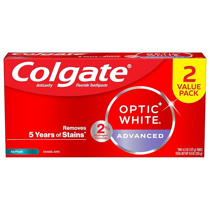 Colgate Optic White Advanced Hydrogen Peroxide Toothpaste Pack, Teeth Whitening Toothpaste, Enamel-Safe Hydrogen Peroxide Formula, Helps Remove Tea, Coffee, and Wine Stains, ICY Fresh, 2 Pack, 4.5 oz