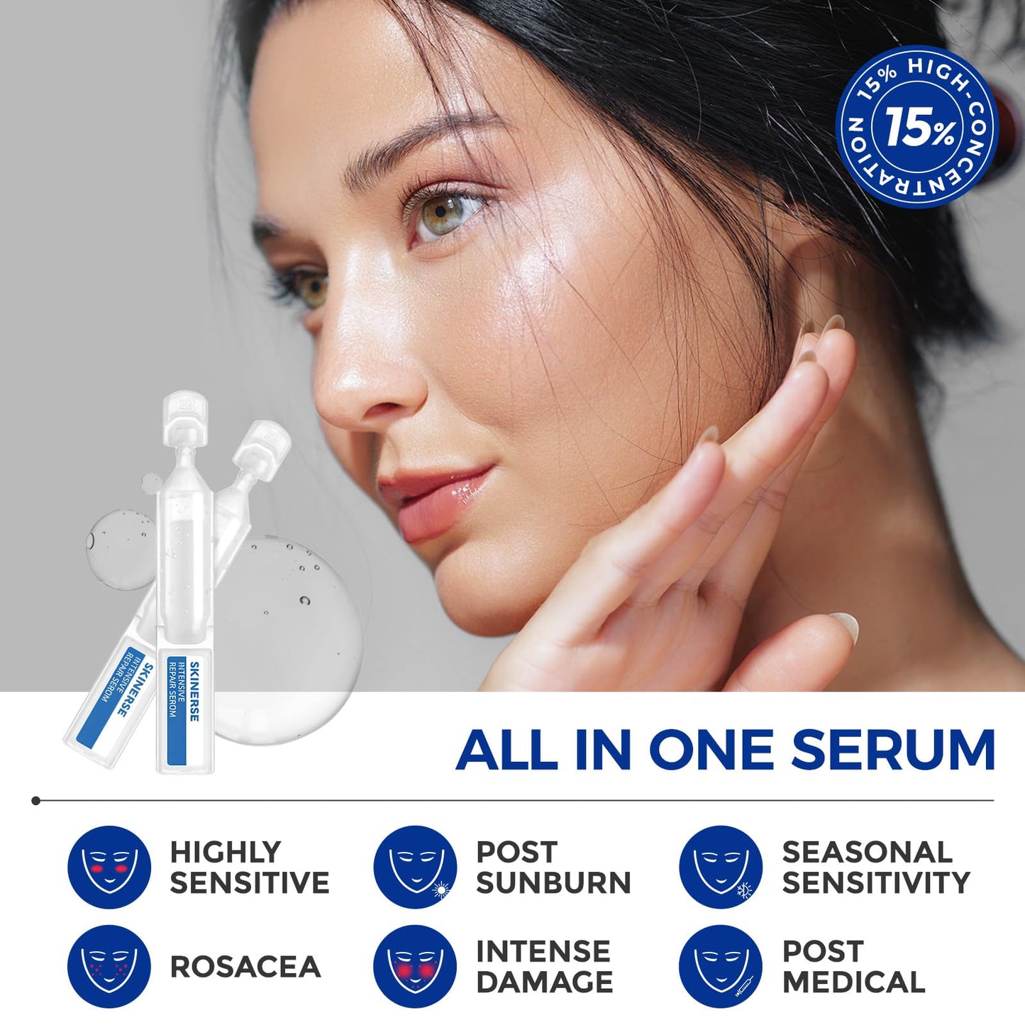 SKINERSE Intensive Repair Serum, 15%Hyaluronic Acid for Sensitive Skin Anti Aging Ultra Hydrating Serum for Face Calming Barrier Repair Redness Relief with Ceramides Centella 30Vials Daily Travel Care