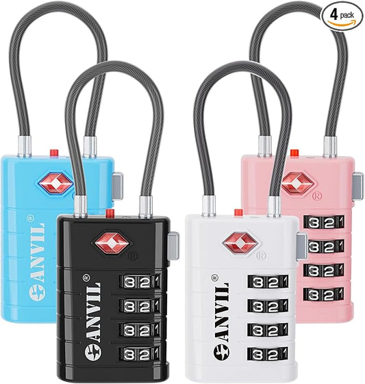 ANVIL 4 Digit Luggage Locks, TSA Locks for Luggage, Advanced TSA008 core, Alert Indicator for Your Travel Lock, Suitcase Lock. (4, 4 Colors)