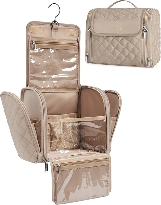 BAGSMART Makeup Bag for Women with Hanging Hook, Large Portable Capacity Water-resistant Organizer Travel Case for Toiletries and Cosmetics, Brown